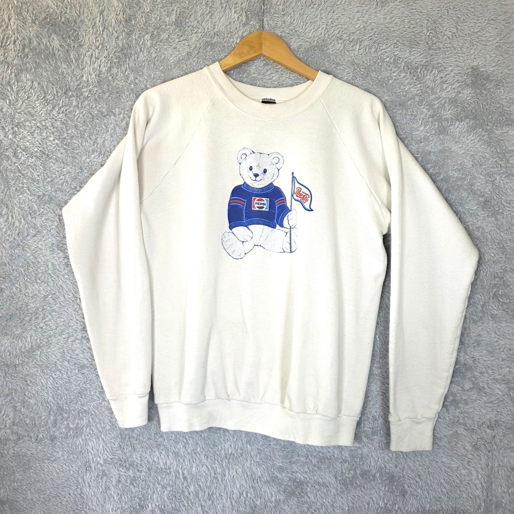 Vtg 90s PEPSI Teddy Bear Sweatshirt Double‎ Sided Graphic White Raglan L/XL USA